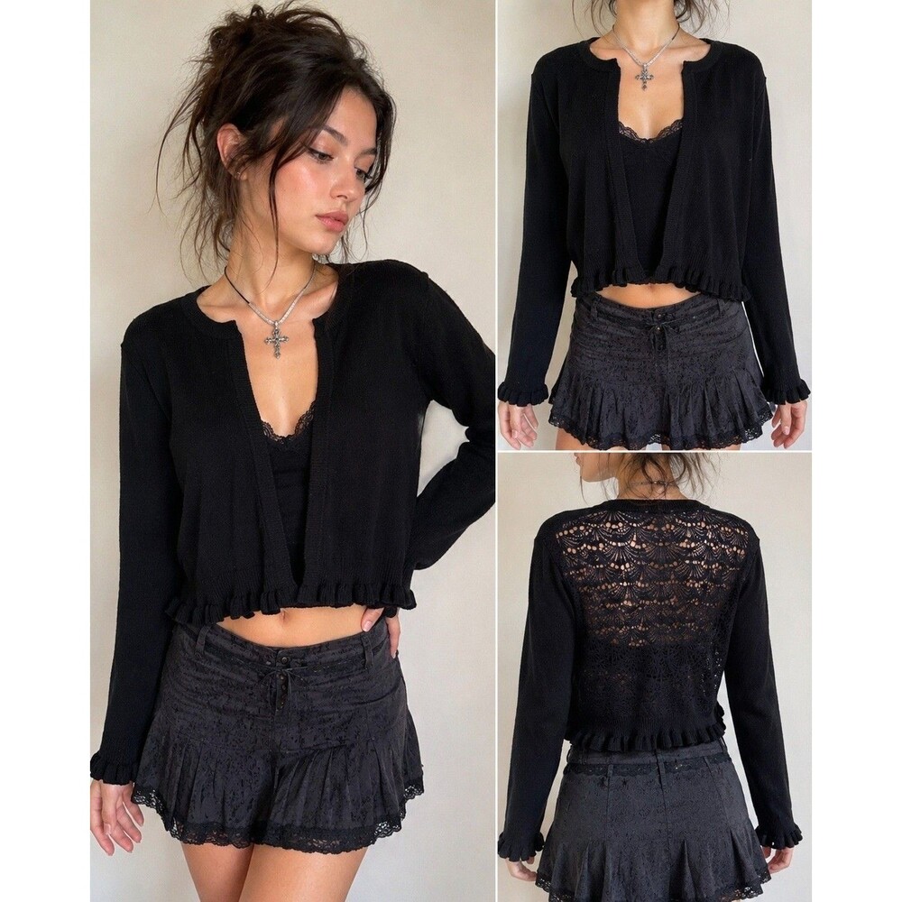 Y2K Black Cropped Knit Cardigan Lace Back CottonRuffle Hem Coquette Goth Sweater